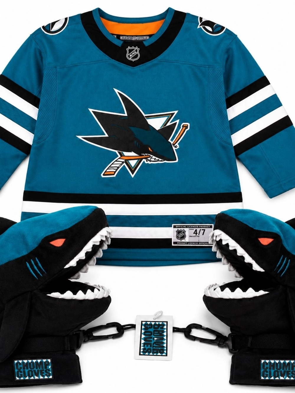 San Jose Sharks NHL Teal Hockey Jersey with Shark Chomp Gloves